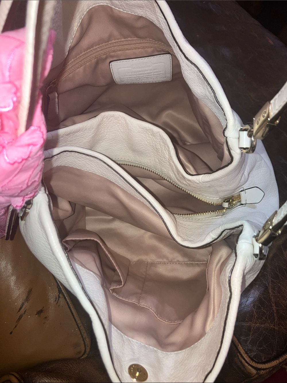 Coach White Leather Shoulder Bag with Pink Scarf Accent - Picture 11 of 16